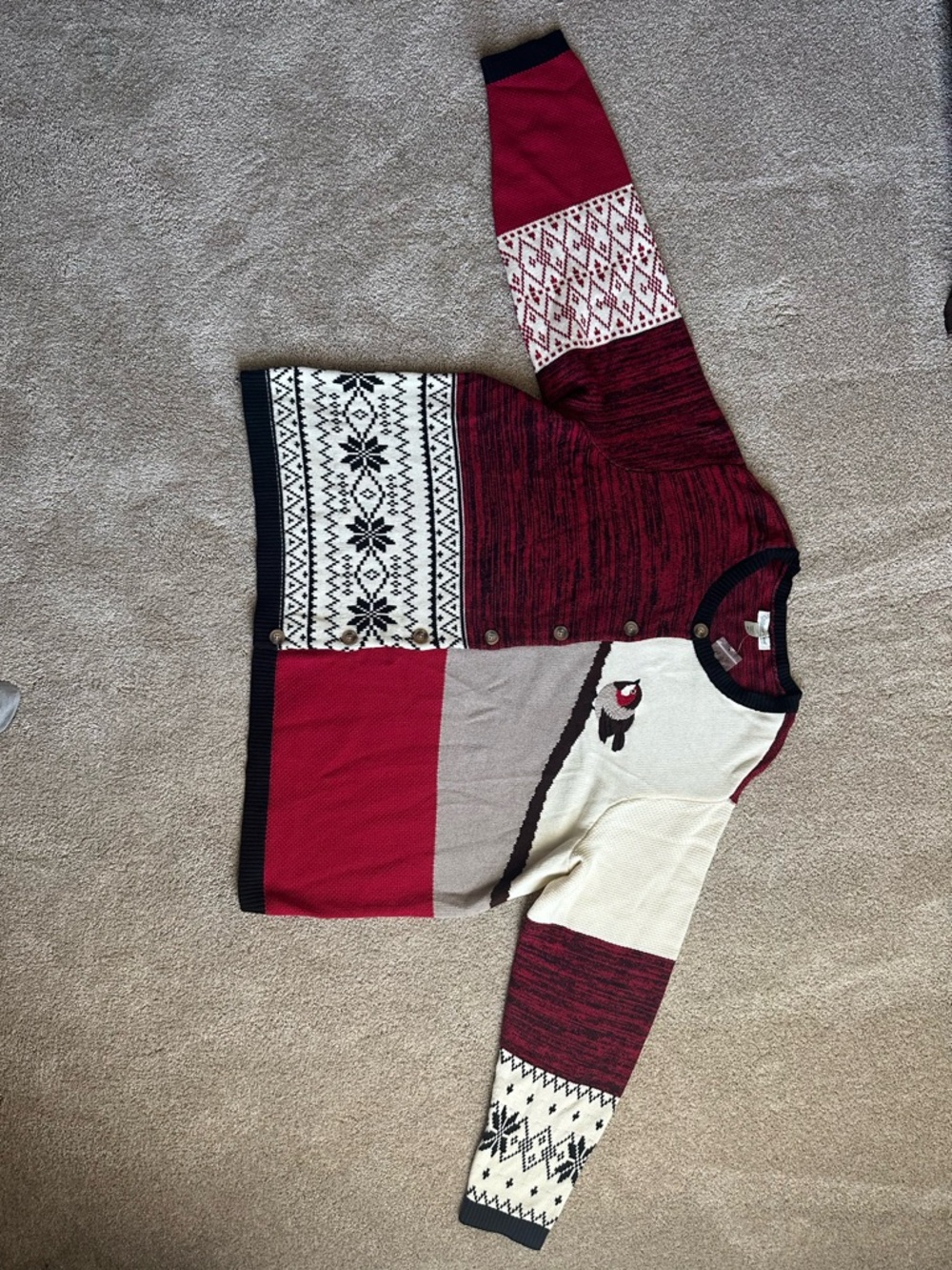 Coldwater Creek Red and Black Marled Knit Top with Bird
